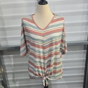 Relaxed‎ Green and Pink Tie Front Short Sleeve Blouse